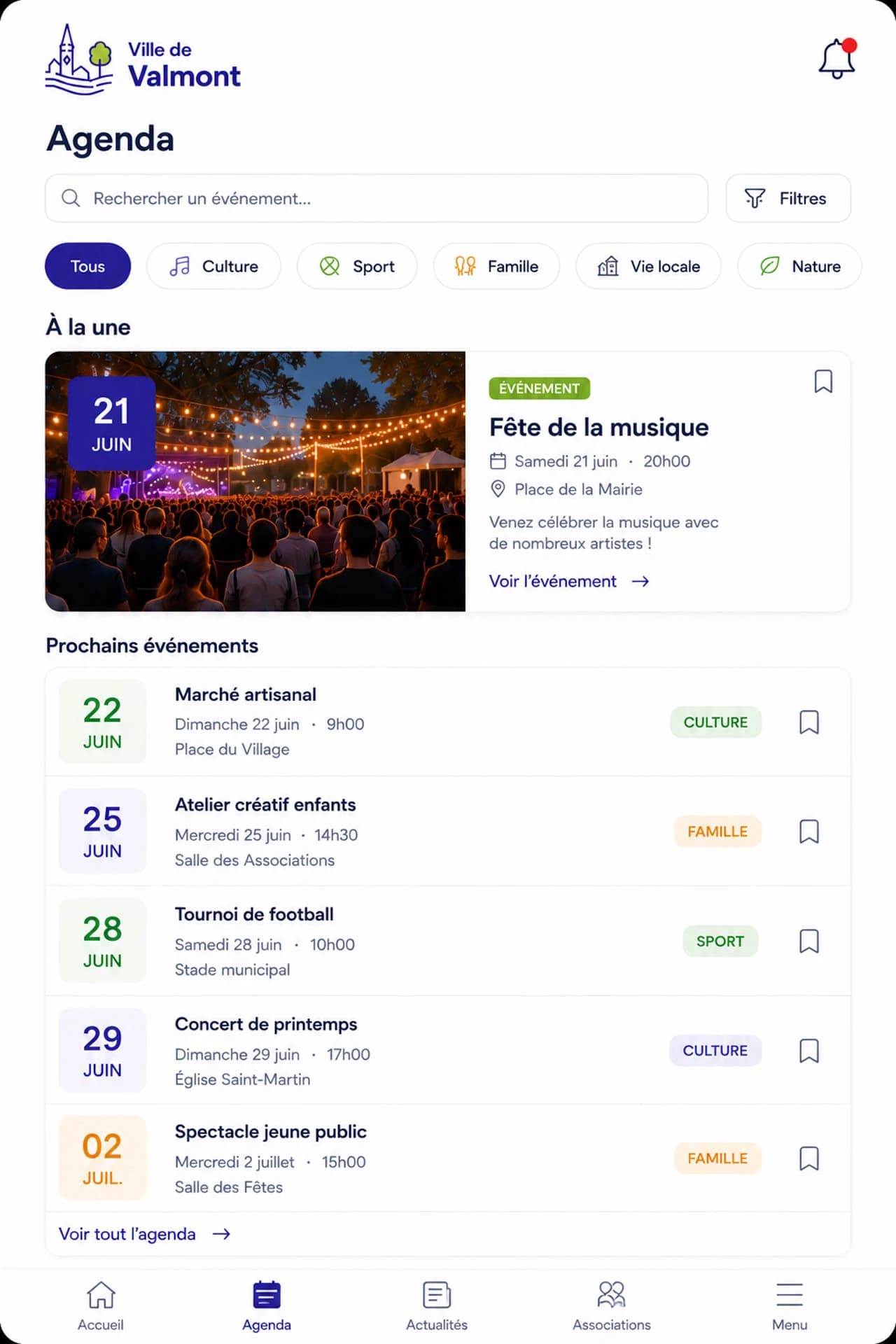 Agenda communal : liste d’événements filtrable