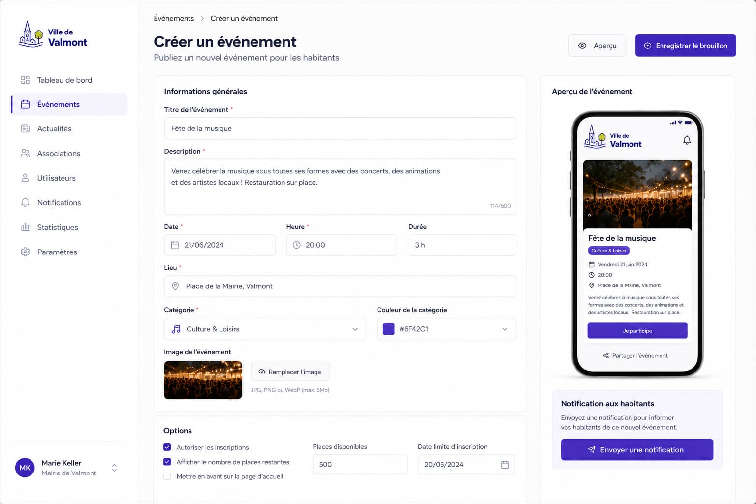 Interface mairie pour publier actualités et événements