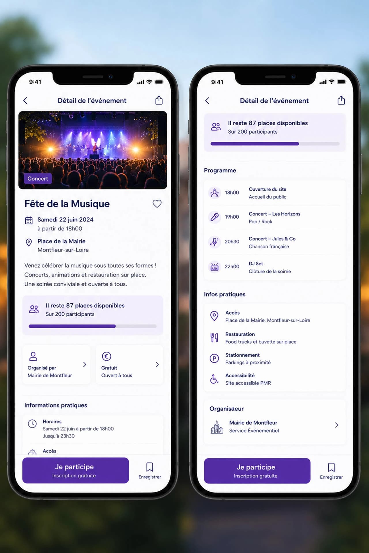 Fiche événement avec inscription et places restantes